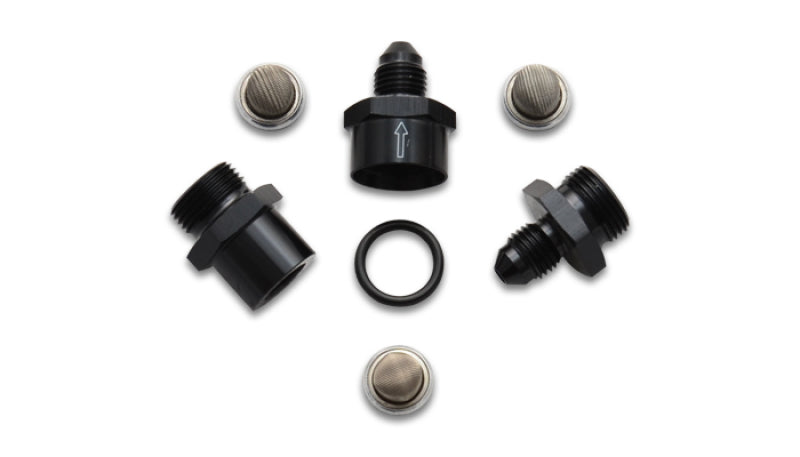 Vibrant inline fuel/oil filter set with three -4AN filters, designed for efficient filtration in automotive fuel systems.
