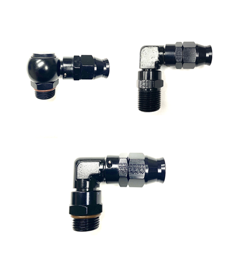 Fragola black 90-degree forged hose end fitting for PTFE hoses, designed for real street performance and durability.