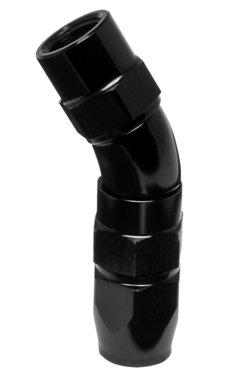 Vibrant -3AN high flow aluminum hose end fitting with 30-degree angle for PTFE lined hoses, shown in close-up.