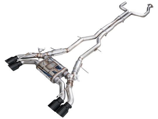 AWE Tuning Cadillac CT5-V Blackwing catback exhaust with diamond black tips, showcasing sleek black metallic finish and dual exhaust tips.