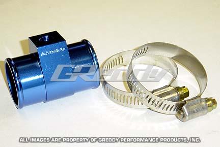 GReddy 34mm radiator hose temp sender adapter for gauge components, showing the metal fitting and threaded connection.