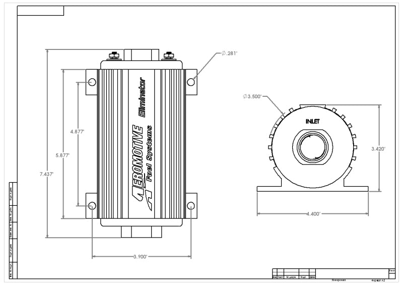 Aeromotive Eliminator-Series fuel pump for EFI or carb applications, showing the compact metal body and inlet/outlet fittings.