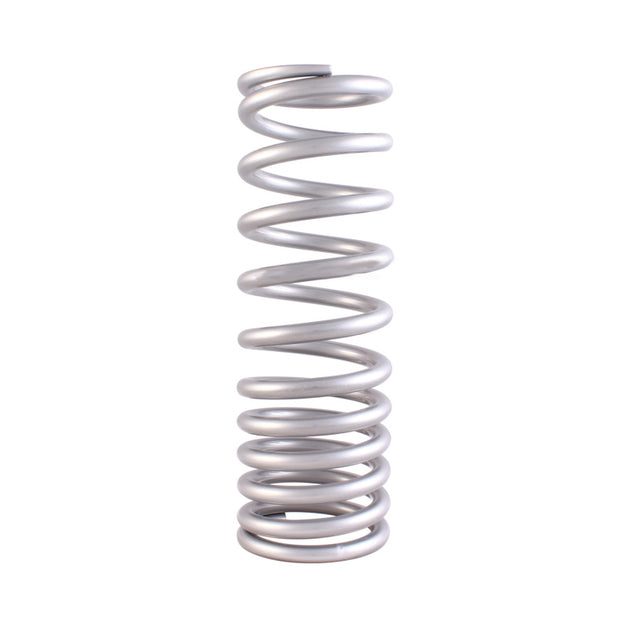 QA1 silver powder-coated 2.5-inch ID coilover spring, 10-inch length, variable rate, high travel, 140/250 lbs/in.