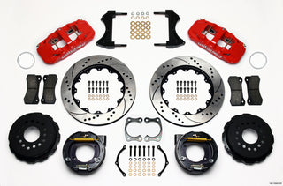 Wilwood AERO4 rear P-brake kit with 14-inch drilled rotors, red calipers, designed for Big Ford vehicles, new style with 2.50-inch offset