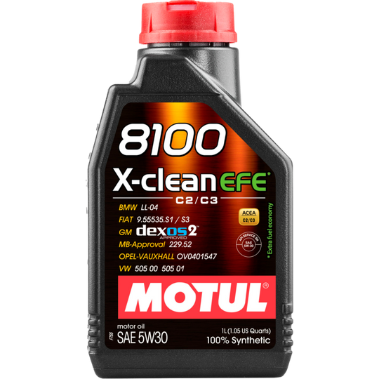 Motul 1L Synthetic Engine Oil 8100 X-CLEAN 5W30 for cars, featuring a black and yellow container with product label.