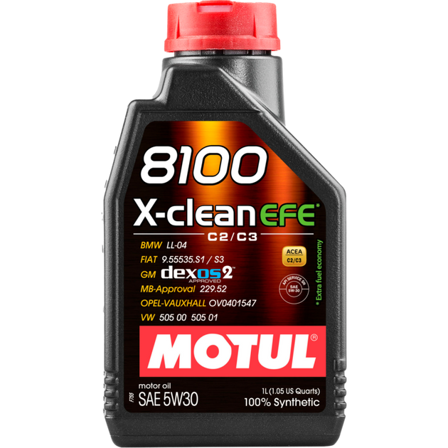 Motul 1L Synthetic Engine Oil 8100 X-CLEAN 5W30 for cars, featuring a black and yellow container with product label.