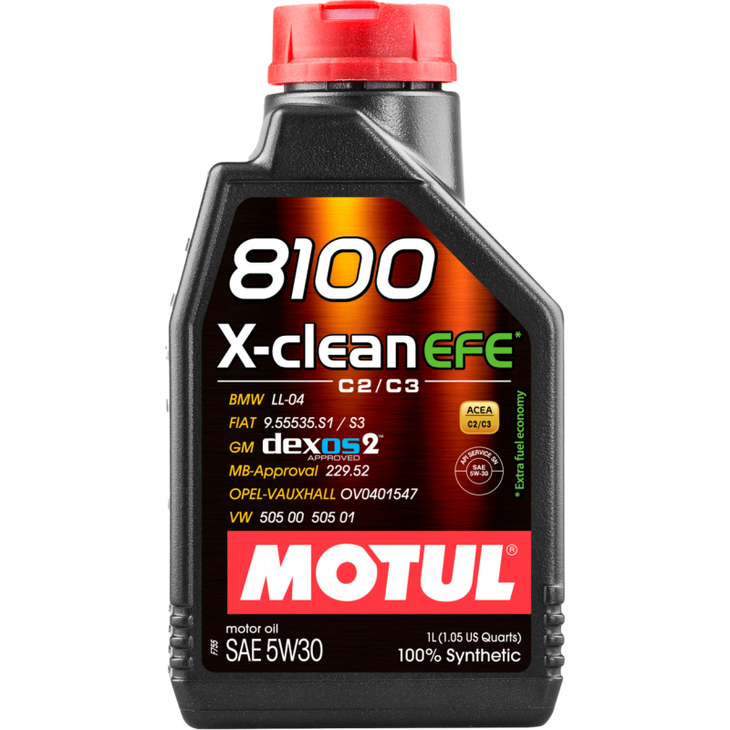 Motul 1L Synthetic Engine Oil 8100 X-CLEAN 5W30 for cars, featuring a black and yellow container with product label.