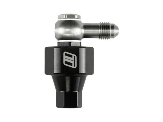 Turbosmart 44um 4AN banjo inlet and female outlet turbo-mounted small oil filter showing metal fittings and filter mesh