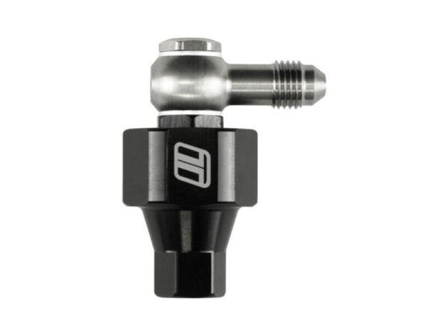 Turbosmart 44um 4AN banjo inlet and female outlet turbo-mounted small oil filter showing metal fittings and filter mesh