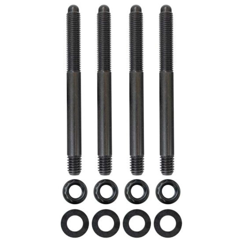 Moroso 5/16in-24 x 3.5in long 12-point nuts carburetor stud kit fitting, showing metal nuts and studs for engine assembly.