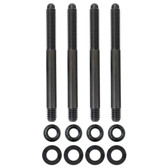 Moroso 5/16in-24 x 3.5in long 12-point nuts carburetor stud kit fitting, showing metal nuts and studs for engine assembly.