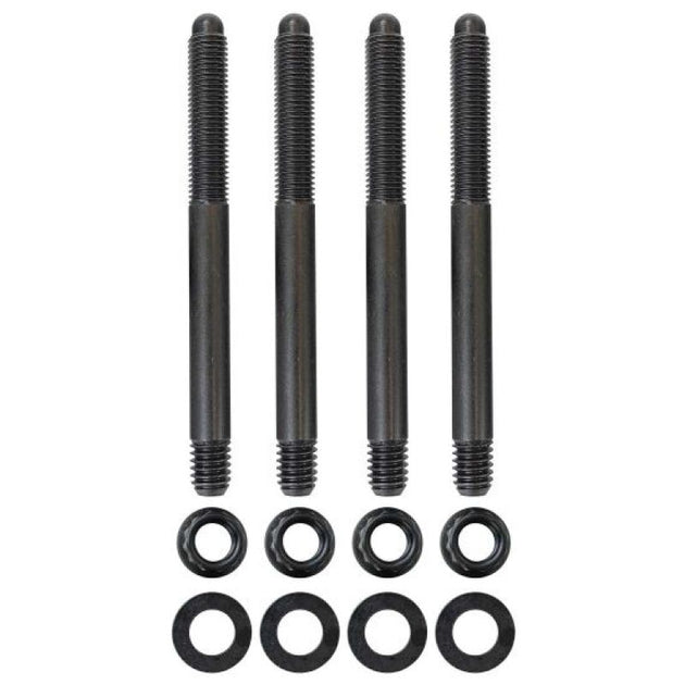 Moroso 5/16in-24 x 3.5in long 12-point nuts carburetor stud kit fitting, showing metal nuts and studs for engine assembly.
