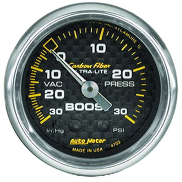 AutoMeter Carbon Fiber 52mm 30 PSI Mechanical Boost Gauge showing dial with black and silver design and clear PSI markings.