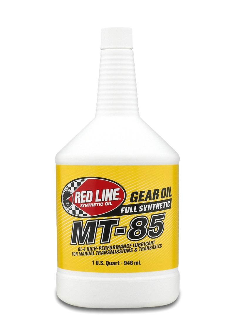 Red Line 75W85 MT-85 gear oil quart container with label, designed for transmission and gear lubrication.