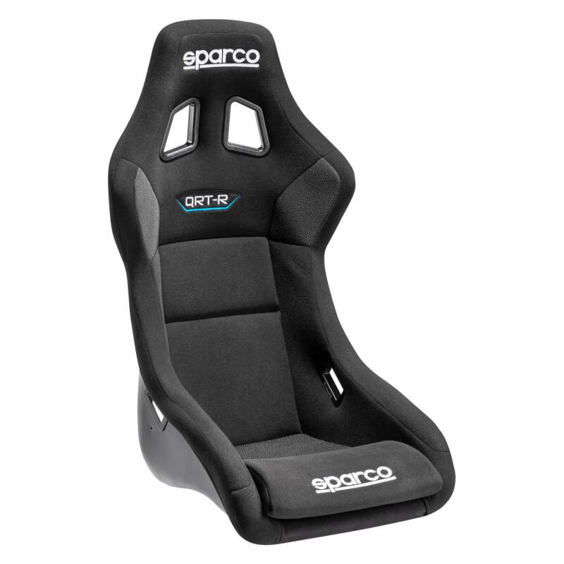 Black Sparco QRT-R 2019 race seat with side mount, designed for racing cars, featuring ergonomic upholstery and lightweight construction.