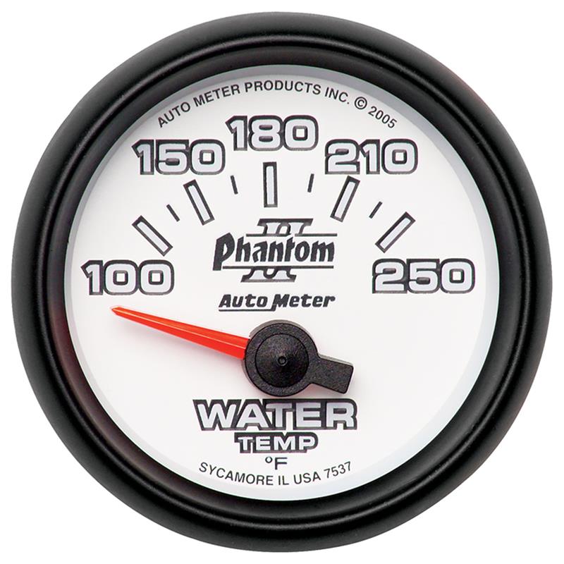 AutoMeter Phantom II 52.4mm water temperature gauge showing a dial with temperature readings from 100 to 250°F.