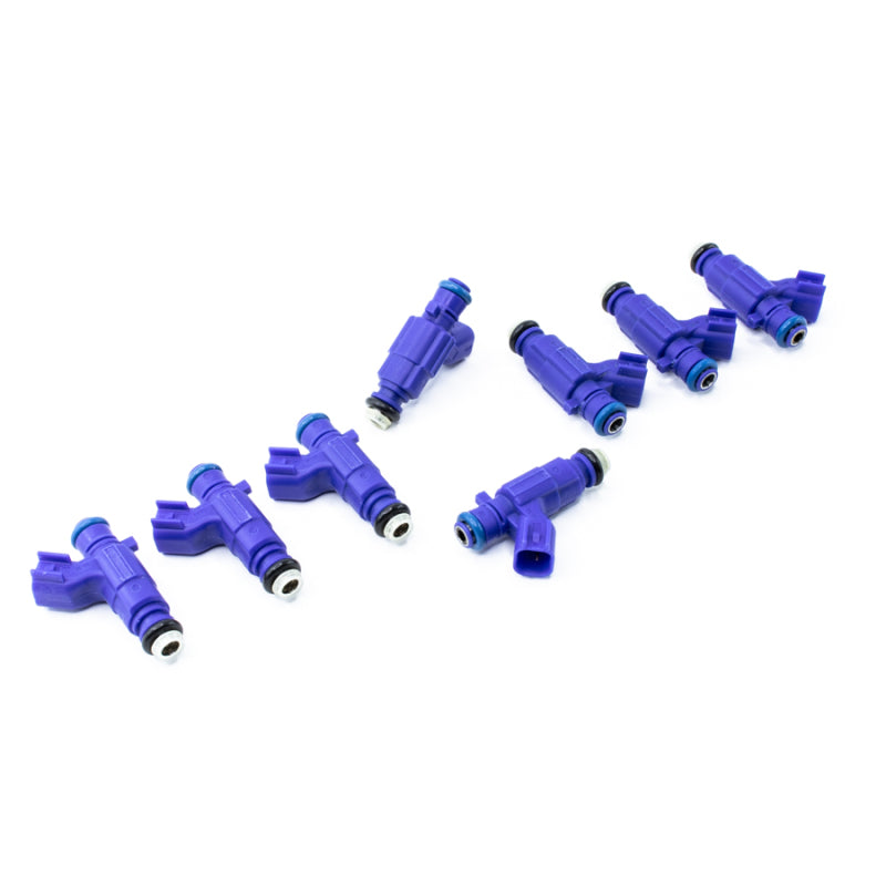 DeatschWerks LS2/5.7L & 6.1L HEMI 42lb fuel injector set for 8-cylinder engines, showing detailed injectors for performance vehicles