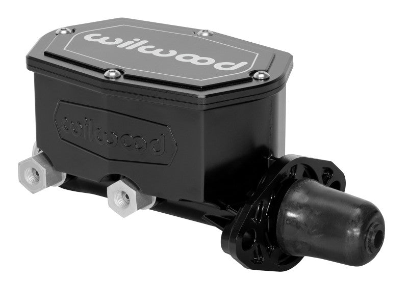Wilwood compact tandem brake master cylinder with 1.12-inch bore, black finish, featuring pushrod for automotive brake systems.