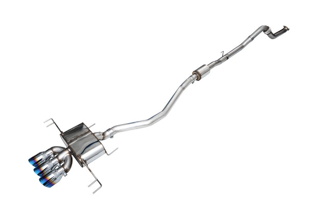 AWE Tuning catback exhaust for Acura Integra Type S, triple vapor blue finish, with polished tips and dual exhaust pipes.