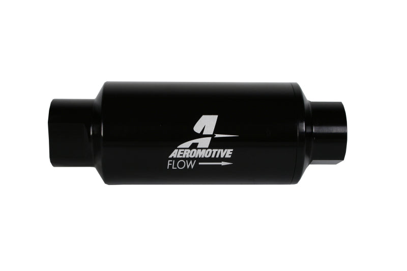 Aeromotive 10AN inline fuel filter with 10 micron microglass element, black finish, 2-inch diameter for automotive fuel systems