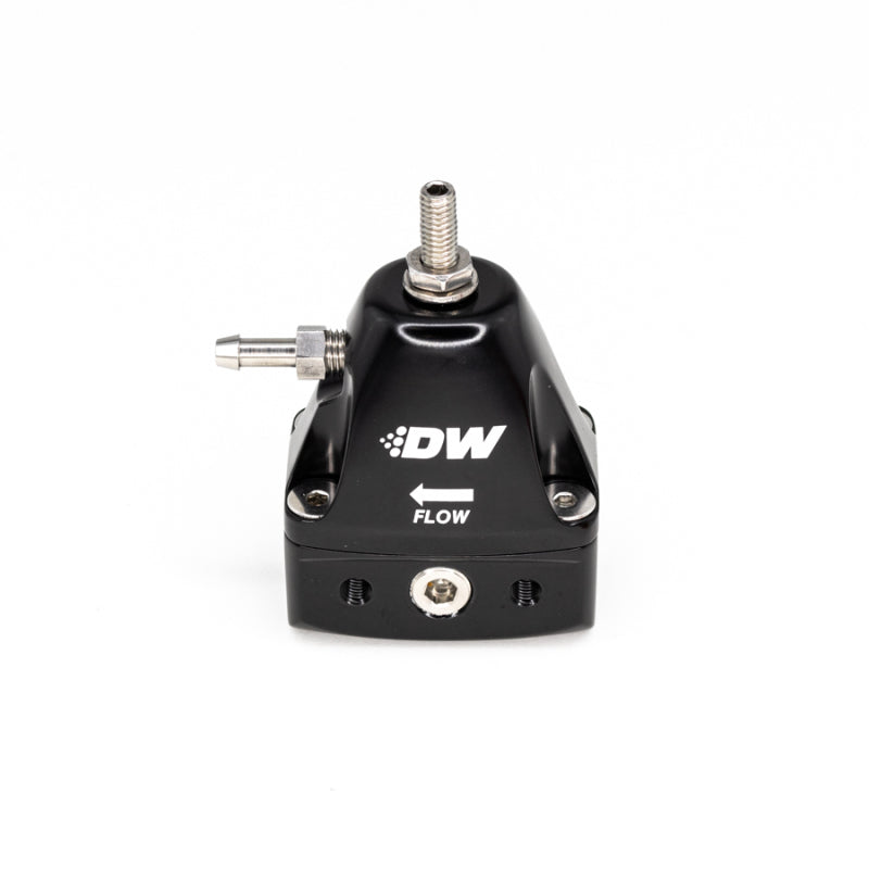 DeatschWerks DWR1000iL black in-line adjustable fuel pressure regulator for automotive fuel systems.