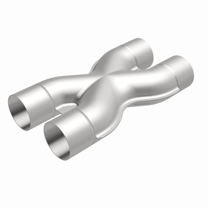 MagnaFlow Smooth Trans X 2.5/2.5 stainless steel X pipe for vehicle exhaust systems, showing the polished metal and pipe connections.