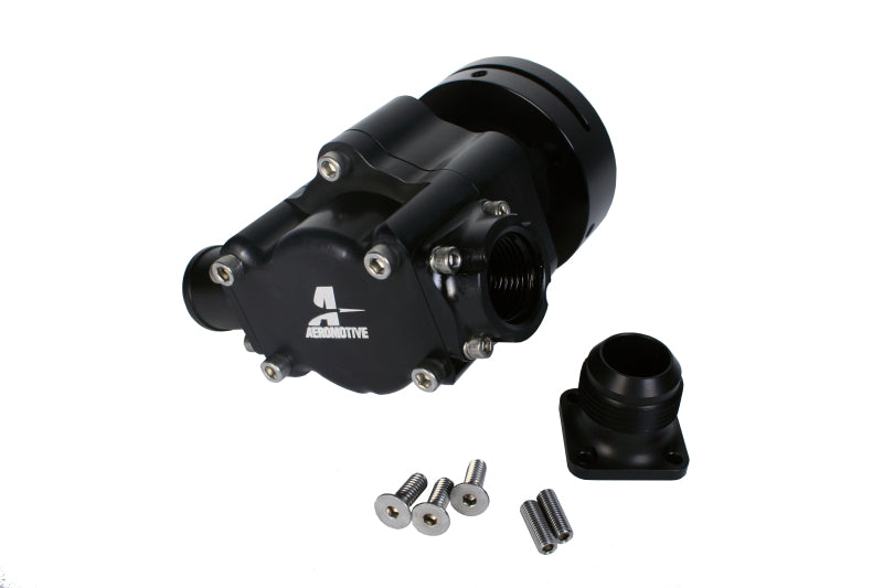 Aeromotive Atomic Hex Drive Fuel Pump showing metal body with hex drive connection and electrical wiring for automotive fuel systems.