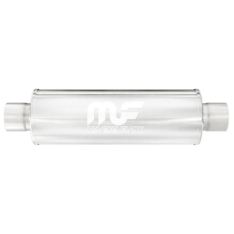MagnaFlow Mag SS 7X7 30 muffler with 4-inch inlet and outlet, stainless steel construction, shown in the image.