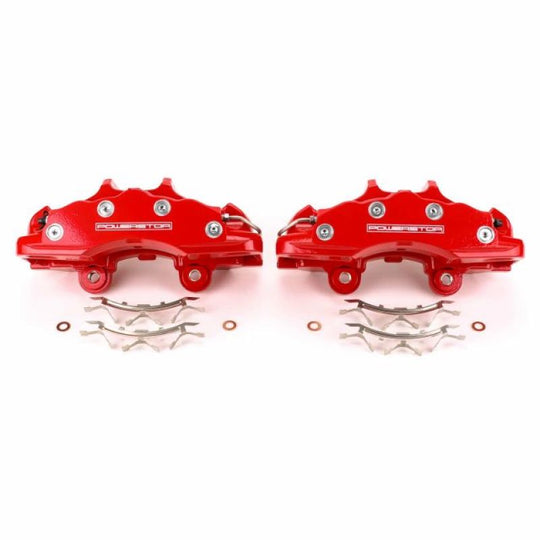 Pair of PowerStop front red brake calipers for Chevrolet Corvette 2006-2013, performance brake calipers in a vibrant red finish.