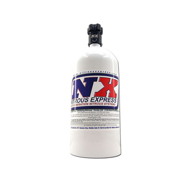Nitrous Express 5lb nitrous bottle with Lightning 500 valve, 5.25-inch diameter and 17.64 inches tall, for automotive performance.