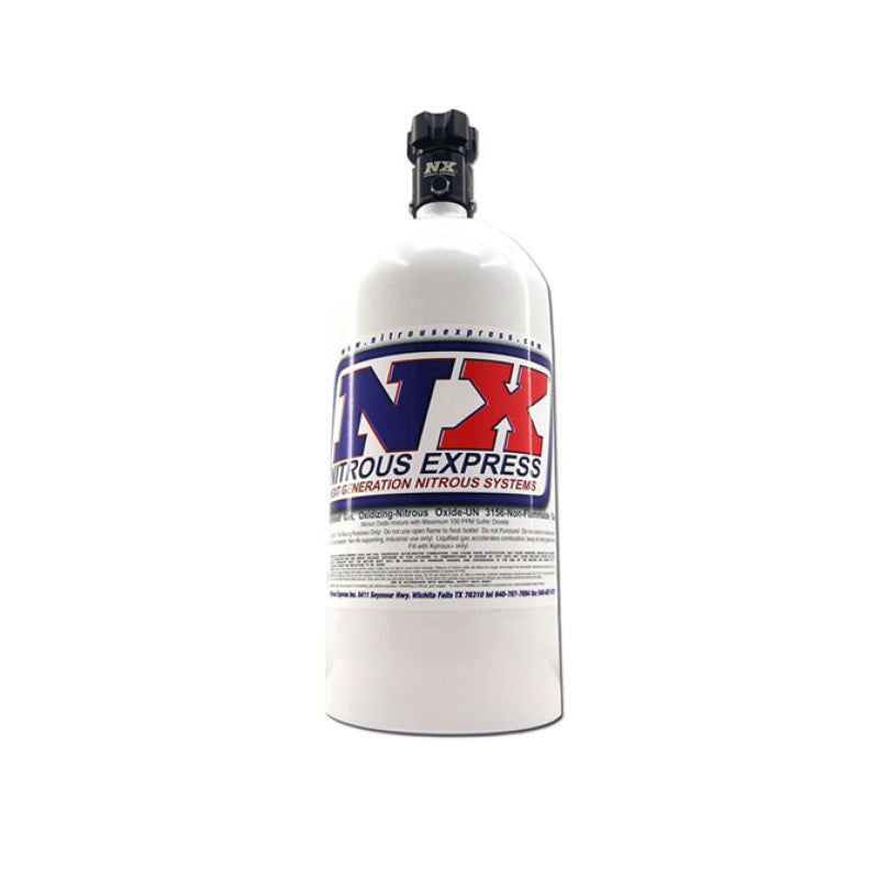 Nitrous Express 5lb nitrous bottle with Lightning 500 valve, 5.25-inch diameter and 17.64 inches tall, for automotive performance.
