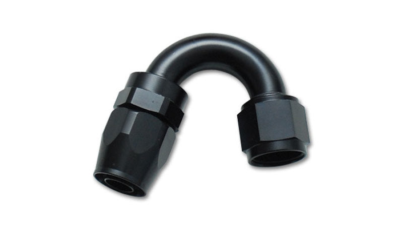 Vibrant -10AN 150 Degree Elbow Hose End Fitting showing the black fitting with angled design for high-performance fluid connections.
