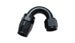 Vibrant -10AN 150 Degree Elbow Hose End Fitting showing the black fitting with angled design for high-performance fluid connections.