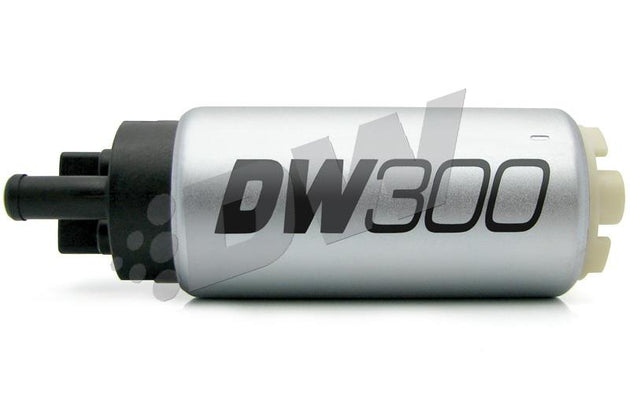 DeatschWerks 340lph DW300C compact fuel pump with visible metal body and wiring, designed for automotive fuel systems.