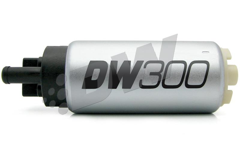 DeatschWerks 340lph DW300C compact fuel pump with visible metal body and wiring, designed for automotive fuel systems.