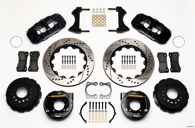 Wilwood AERO4 rear P-brake kit with drilled rotors for Chevy 12 bolt, includes C-clips, designed for big brake performance.