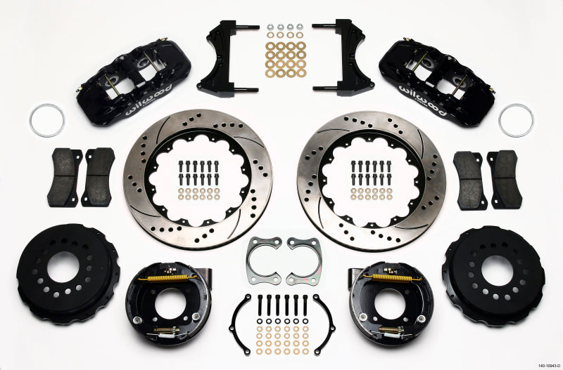 Wilwood AERO4 rear P-brake kit with drilled rotors for Chevy 12 bolt, includes C-clips, designed for big brake performance.