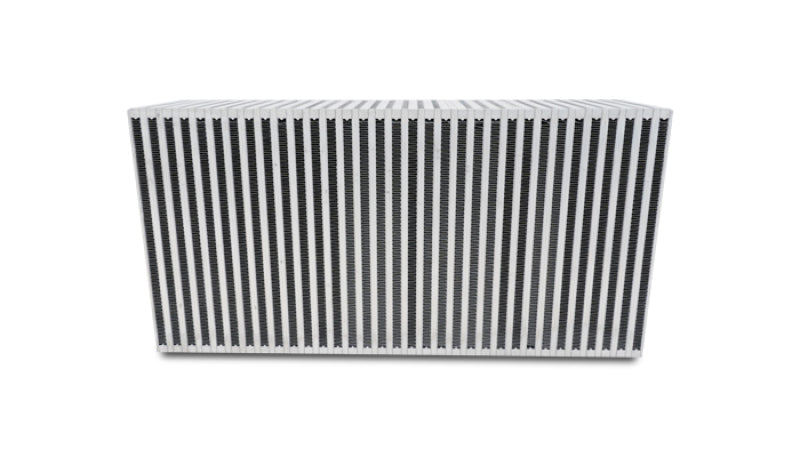 Vibrant vertical flow intercooler core with 22-inch width, 11-inch height, and 6-inch thickness showing fins and metal construction.