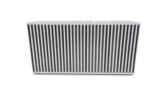 Vibrant vertical flow intercooler core with 22-inch width, 11-inch height, and 6-inch thickness showing fins and metal construction.