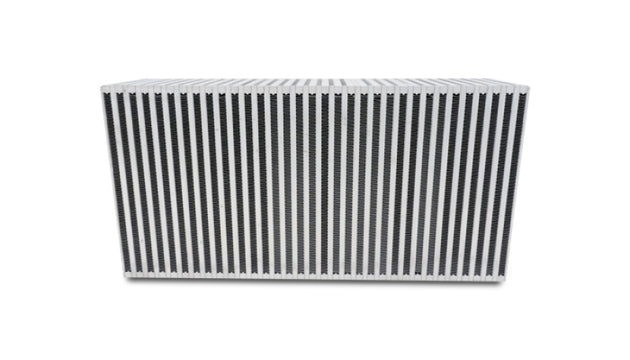 Vibrant vertical flow intercooler core with 22-inch width, 11-inch height, and 6-inch thickness showing fins and metal construction.