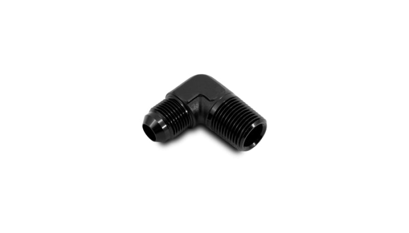 Vibrant -8AN to 1/2 inch NPT 90-degree elbow adapter fitting showing metal fittings with threaded ends for fluid connections.