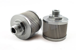 DeatschWerks stainless steel 8AN universal fuel pump pre-filter with 100-micron mesh for automotive fuel filtration.