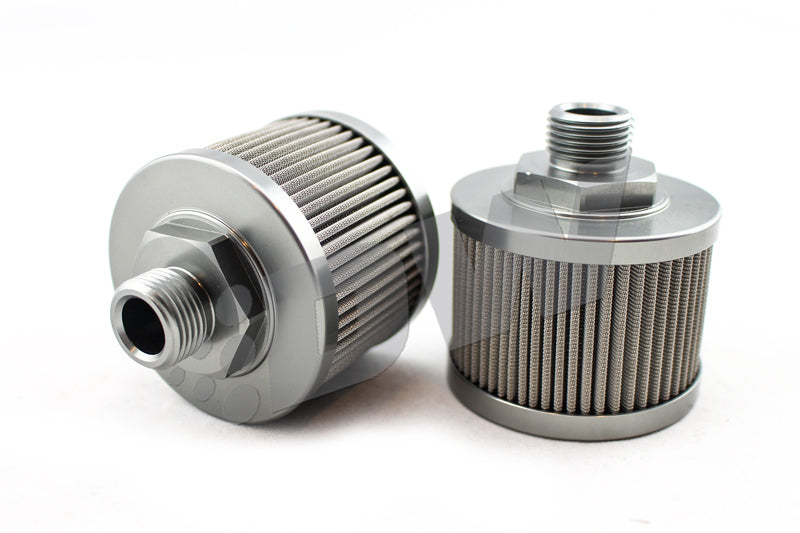 DeatschWerks stainless steel 8AN 100 micron universal fuel pump pre-filter showing the filter element and fittings for fuel system.