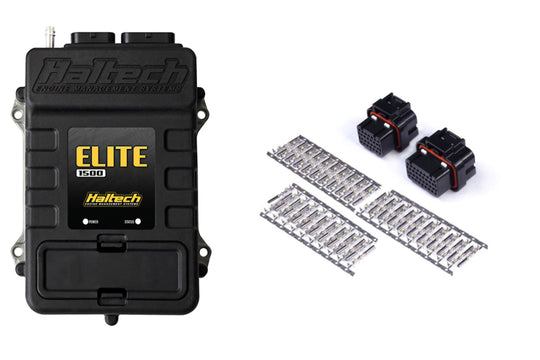 Haltech Elite 1500 ECU with plug and pin set for programming and tuning of automotive engine control units.