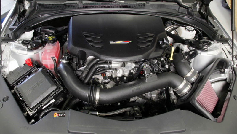 K&N Engineering cold air intake kit for 2016-2017 Cadillac ATS-V 3.6L V6 twin turbo engine, featuring filters and intake tubing