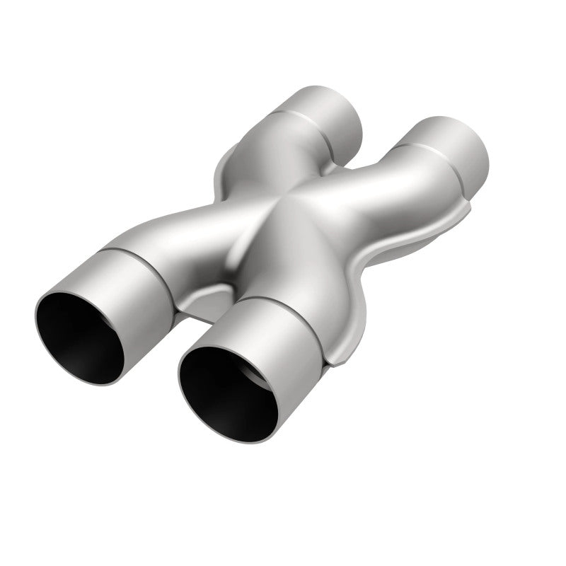 MagnaFlow Smooth Trans X 3/3 X 14 stainless steel X pipe for vehicle exhaust systems, showing polished metal with branding details.