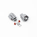 DeatschWerks Sumitomo electrical connector housing and pins for fuel injector re-pinning, shown with detailed connector components.