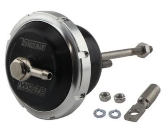 Turbosmart IWG75 GT22 black internal wastegate actuator mounted on turbocharger for automotive boost control.