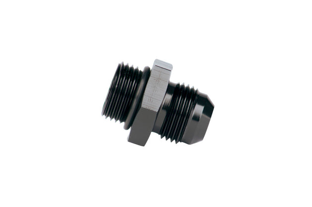 Aeromotive ORB-08 to AN-08 male flare adapter fitting showing metal fitting with threaded ends for automotive fuel or oil lines.