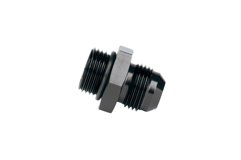 Aeromotive ORB-08 to AN-08 male flare adapter fitting showing metal fitting with threaded ends for automotive fuel or oil lines.